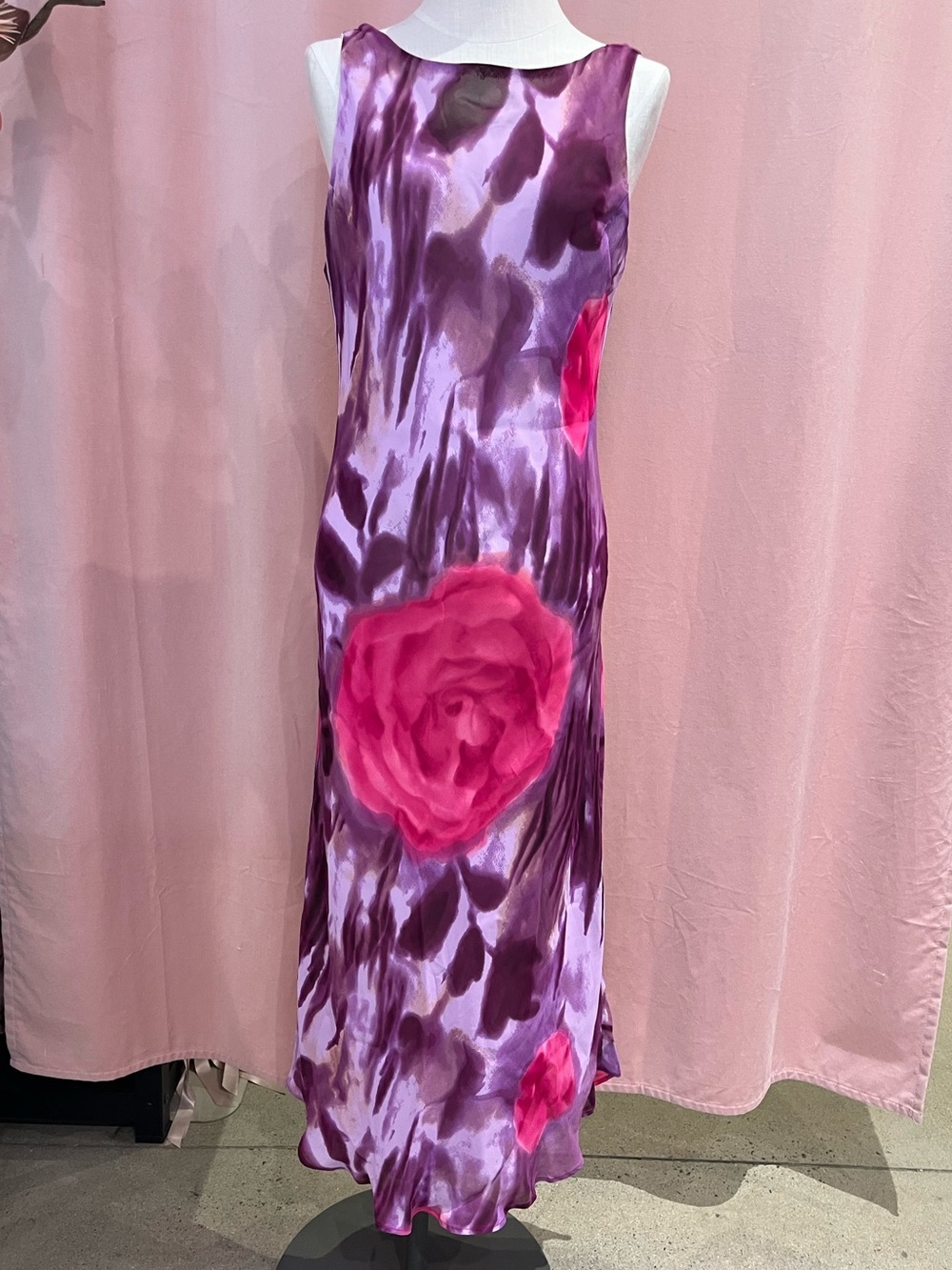 Tessuto Purple Watercolor Rose Maxi Dress 100% Rayon Satin Sleeveless Size L